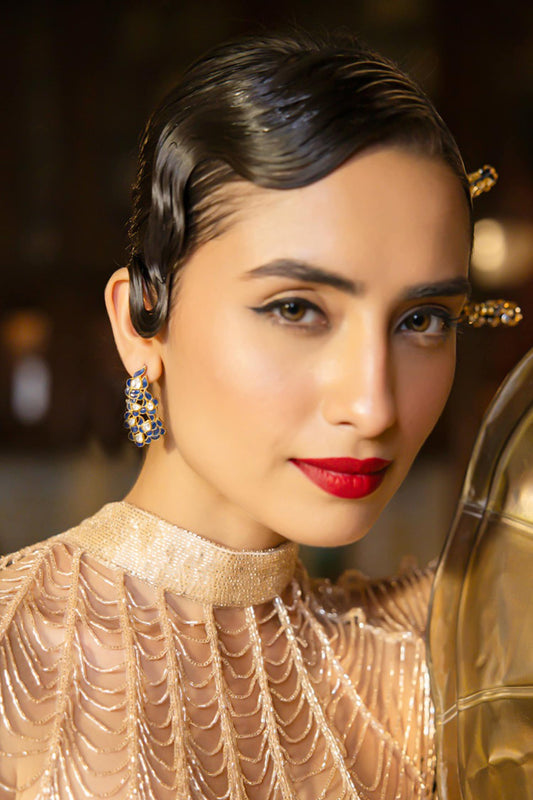 Gold Stone Embellished Floral Cutwork Earrings 