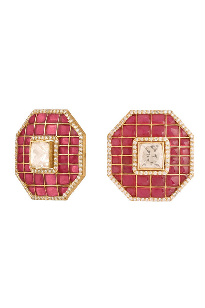 Gold Hexagon Shaped Stud Earrings 