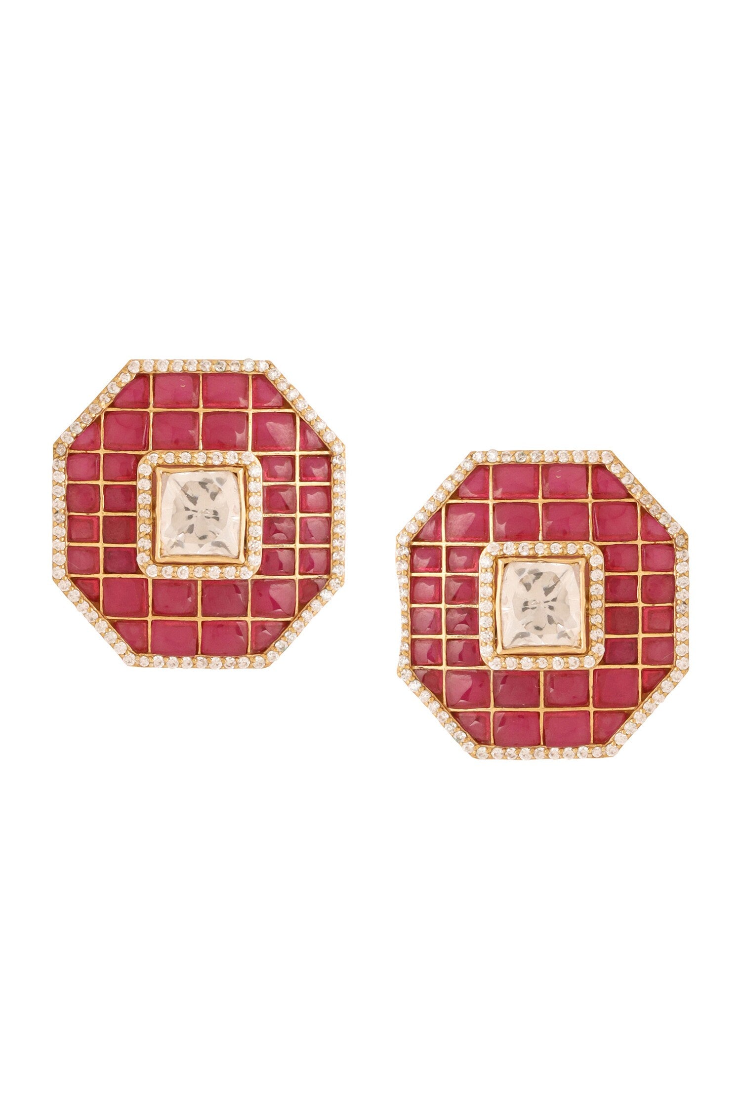 Gold Hexagon Shaped Stud Earrings 
