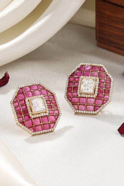 Gold Hexagon Shaped Stud Earrings 