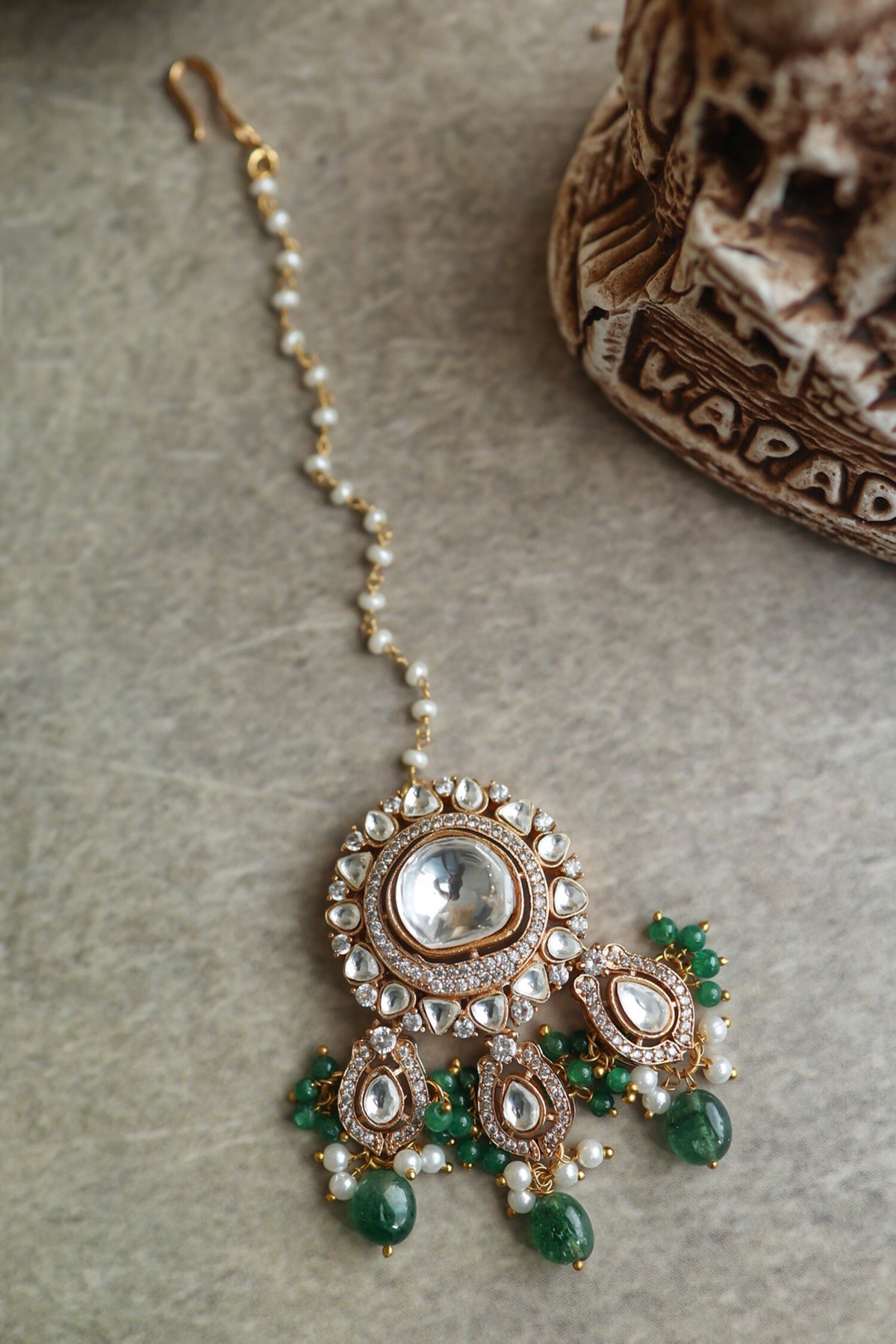Green Polki Stone Maangtikka 