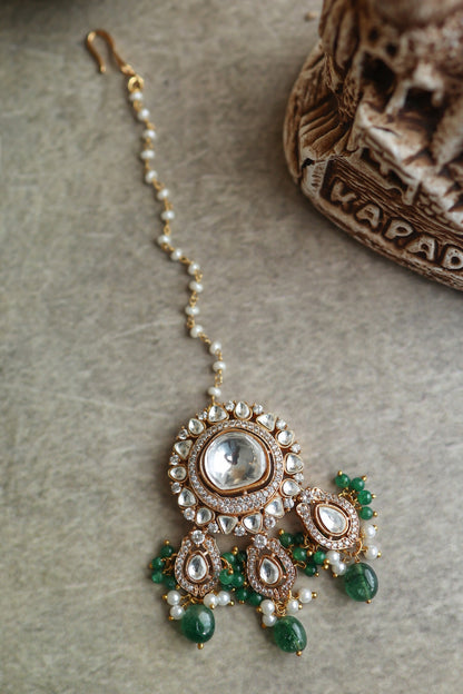 Green Polki Stone Maangtikka 