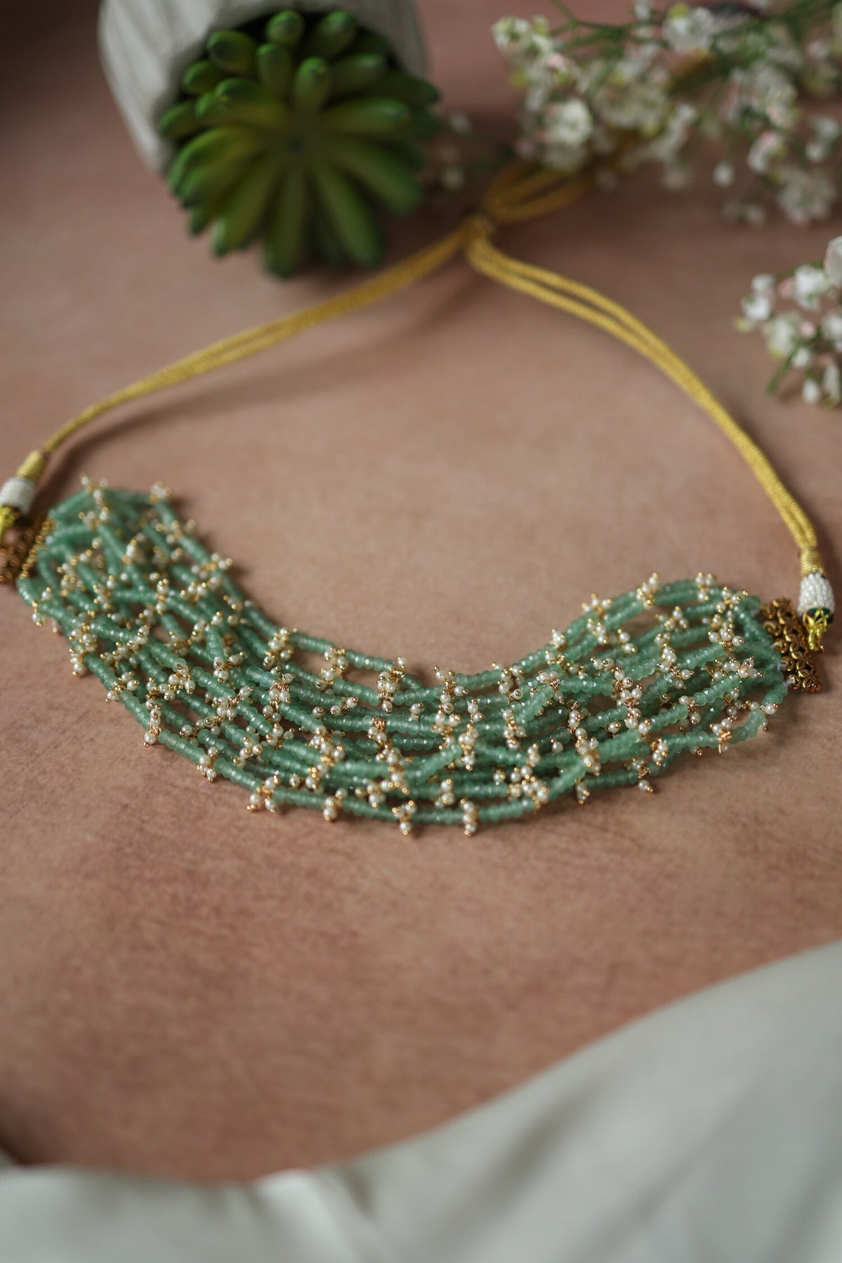 Mint Onyx & Pearl Embellished Choker 