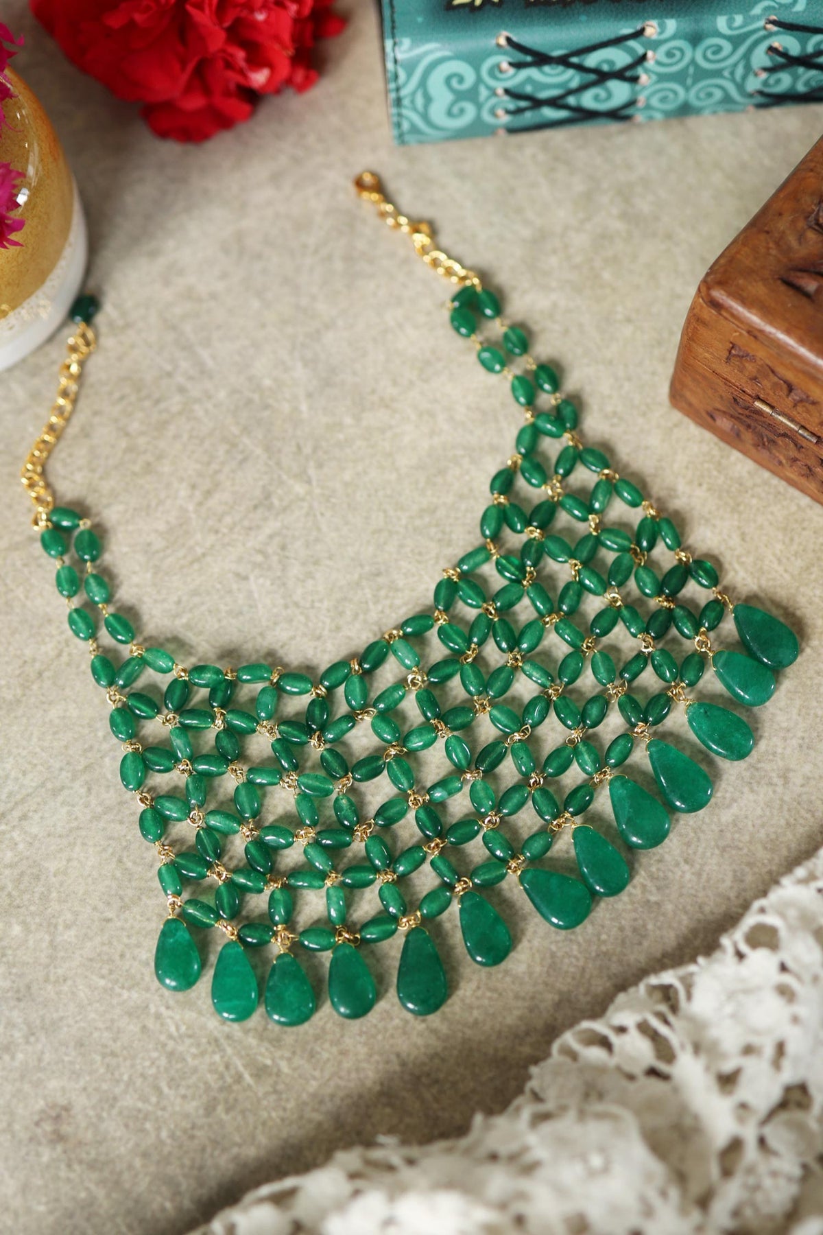 Jade Stone Embellished Choker Necklace 