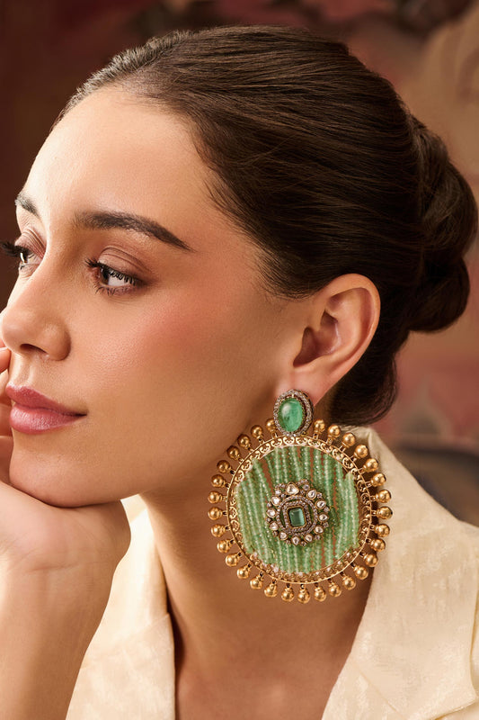 Mint Polki & Onyx Embellished Earrings 