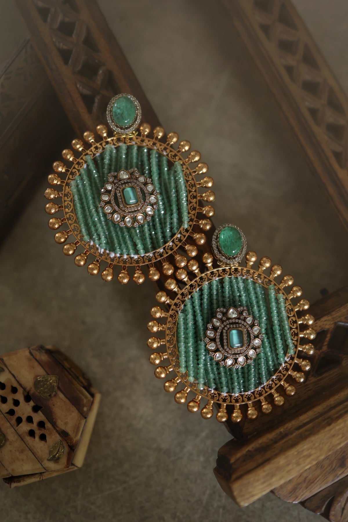 Mint Polki & Onyx Embellished Earrings 