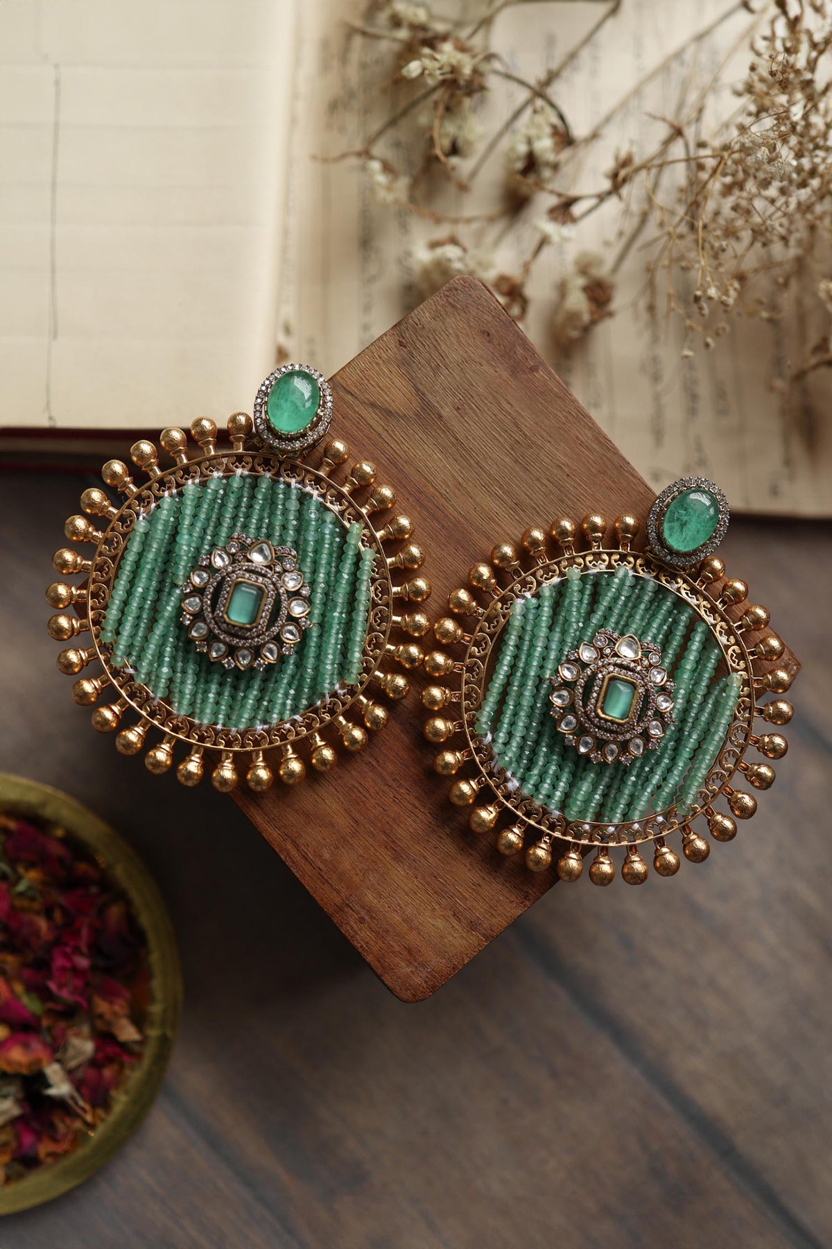 Mint Polki & Onyx Embellished Earrings 
