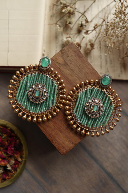 Mint Polki & Onyx Embellished Earrings 