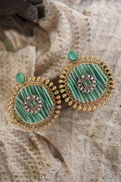 Mint Polki & Onyx Embellished Earrings 