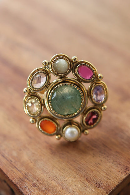 Multi Color Floral Navrattan Ring 