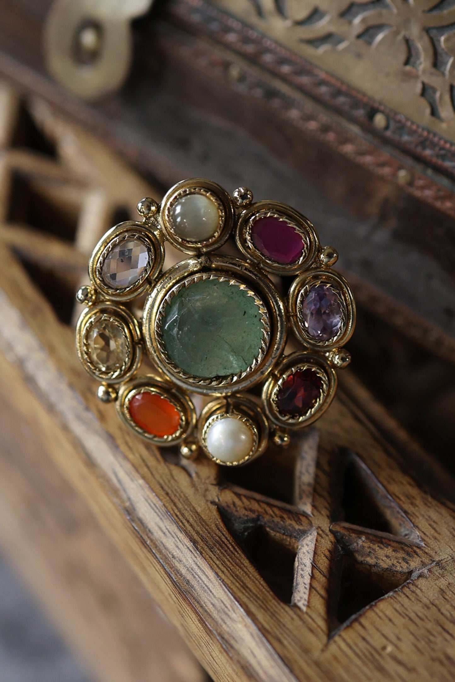 Multi Color Floral Navrattan Ring 