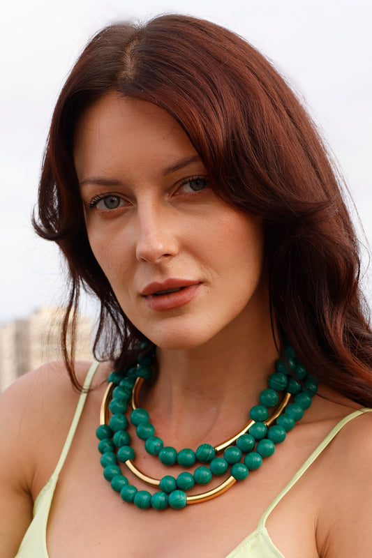 Gold & Green Bead Layered Necklace 