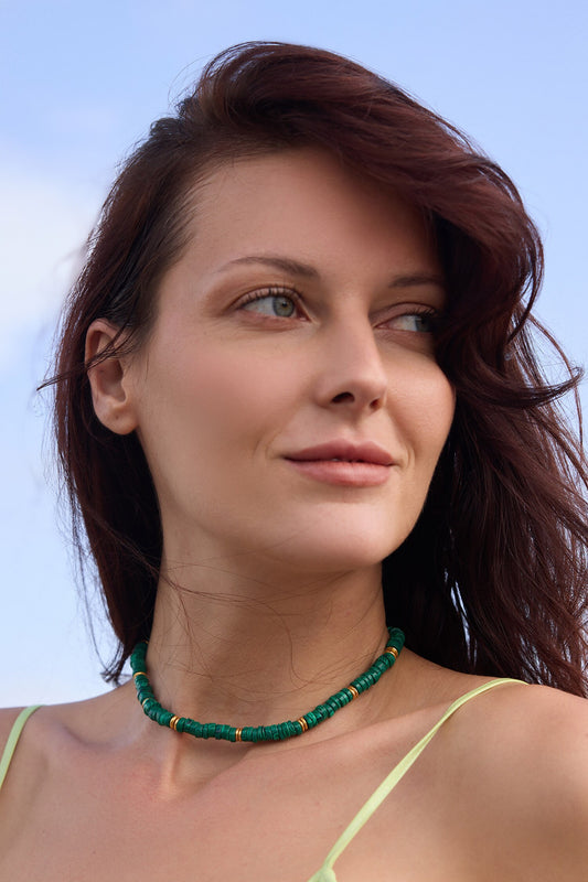 Gold Toned Green Bead Necklace 
