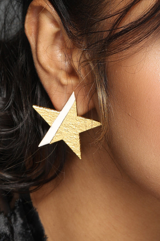 Gold White Textured Star Shaped Earrings 
