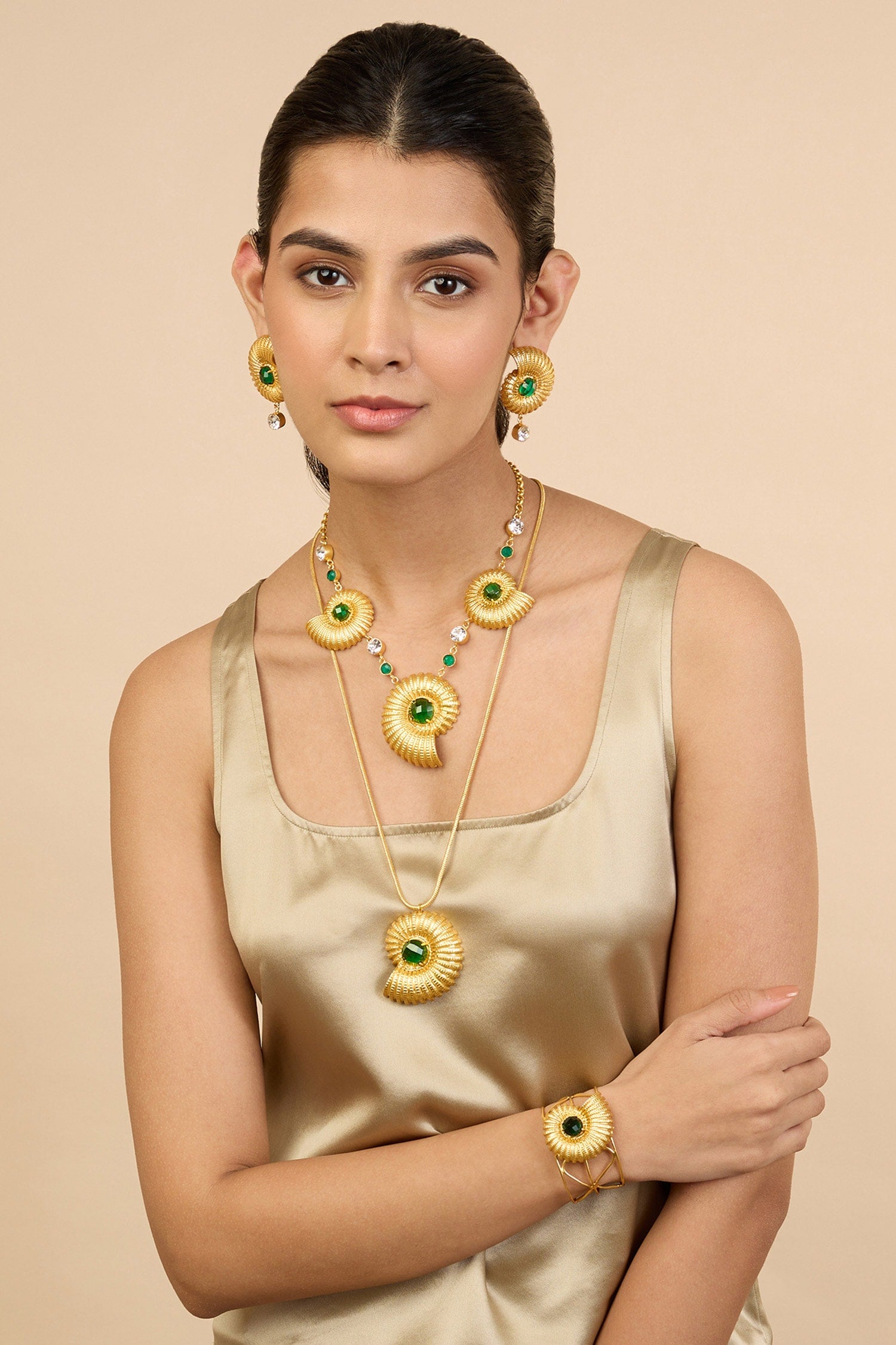 Gold Multicolor Glass Stone Seashell Necklace 
