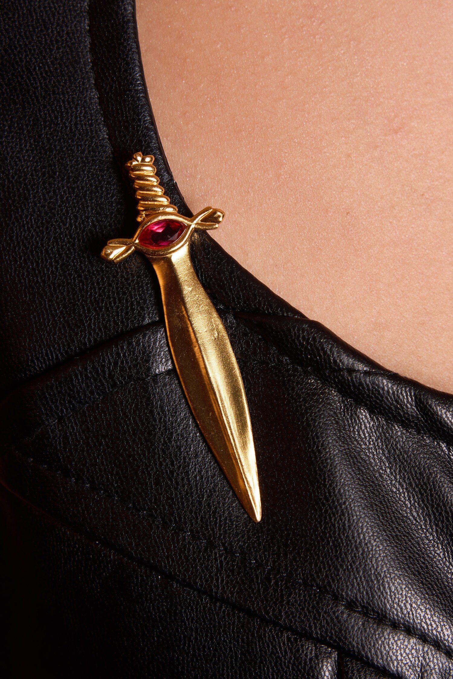 Gold Glass Stone Dagger Brooch 