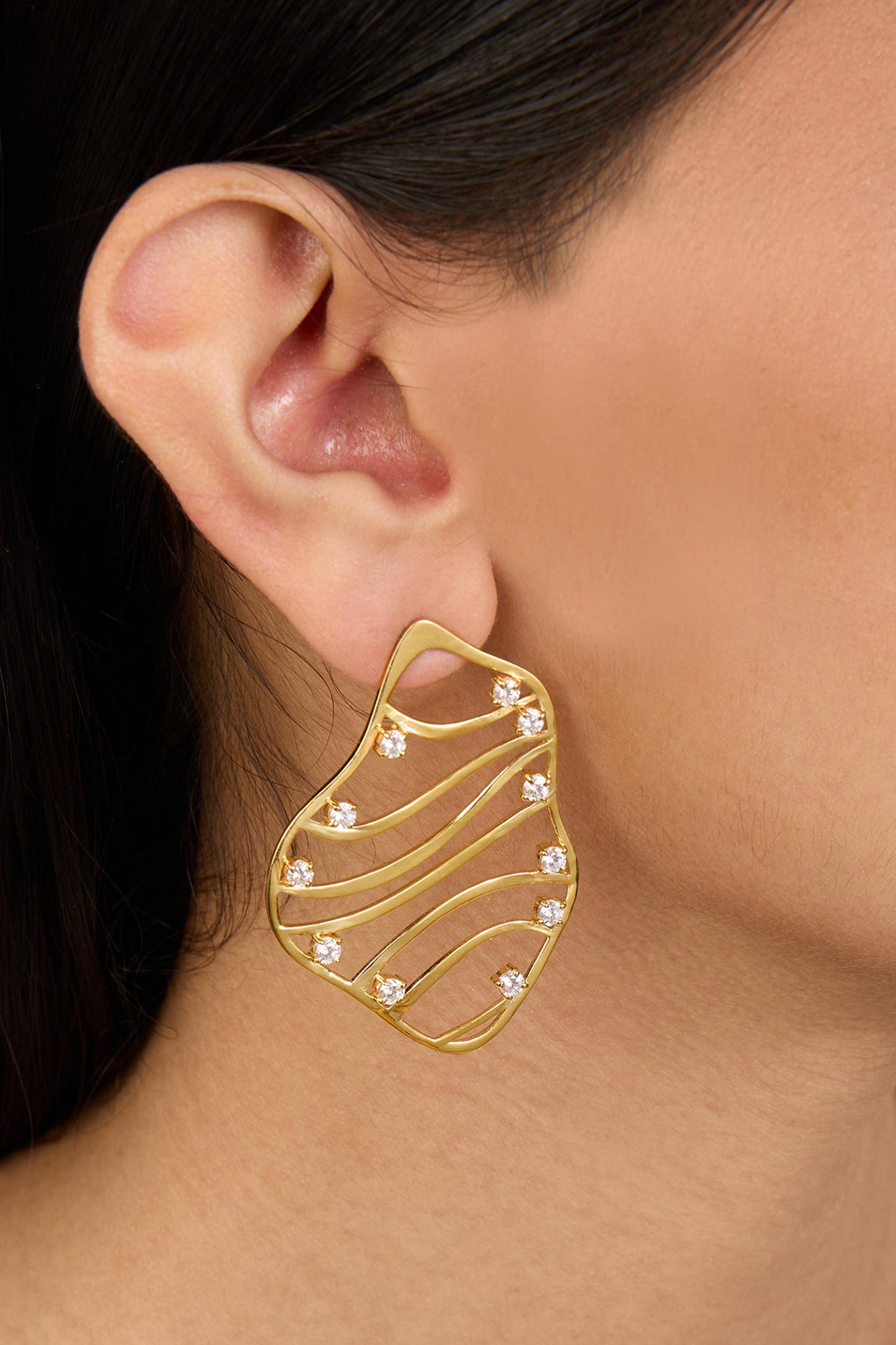 Gold Cubic Zirconia Wave Stud Earrings 