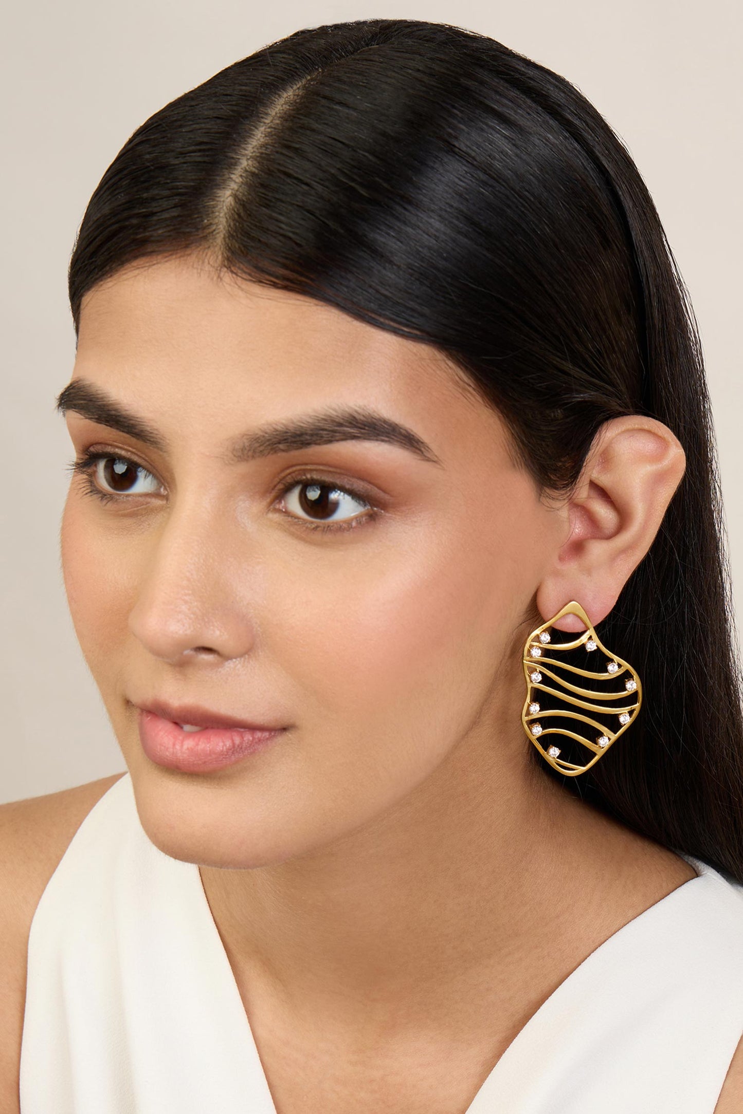 Gold Cubic Zirconia Wave Stud Earrings 
