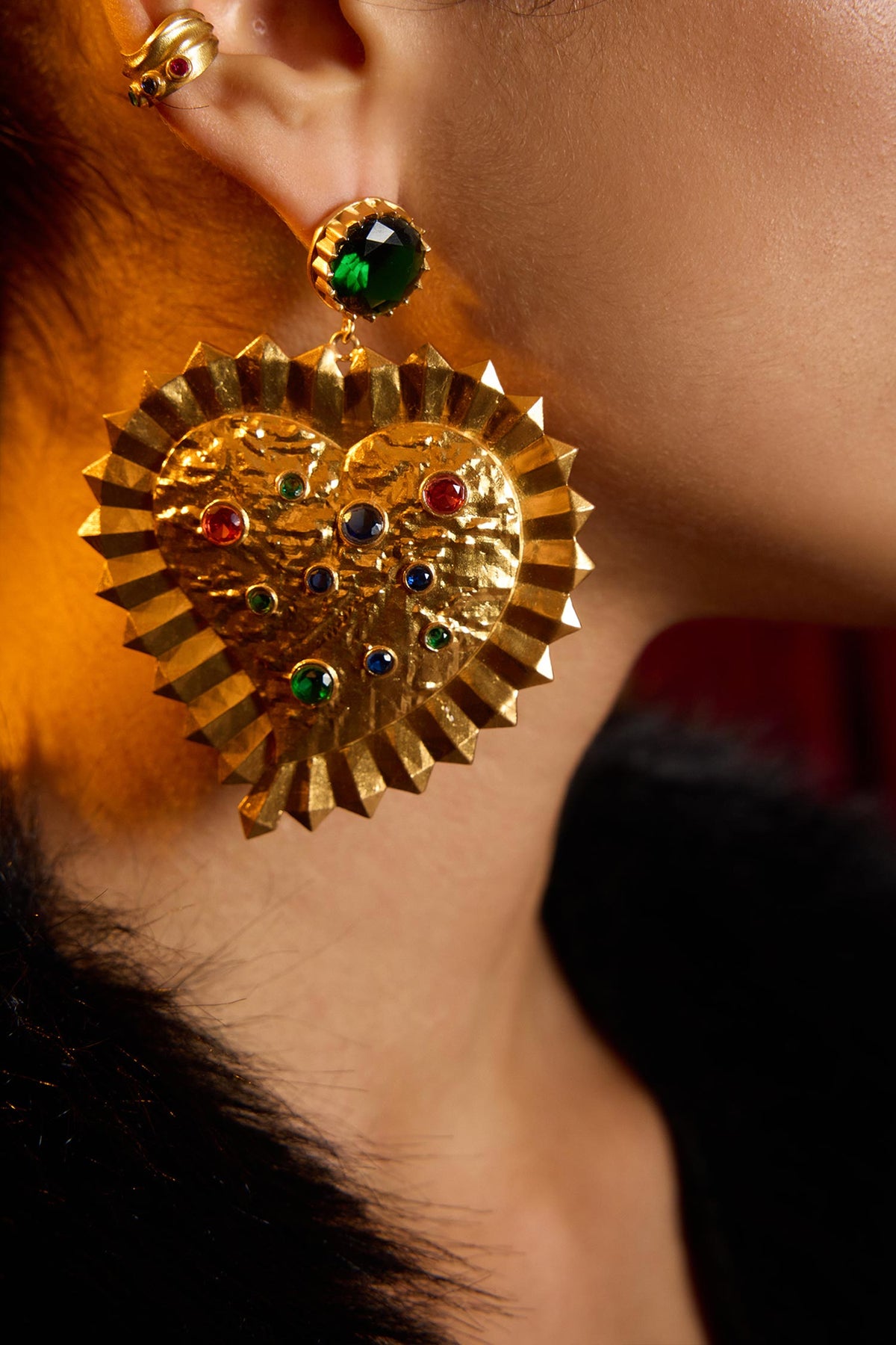 Gold Glass Diamond Heart Earrings 