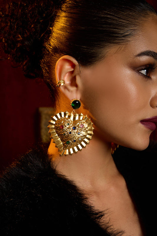 Gold Glass Diamond Heart Earrings 
