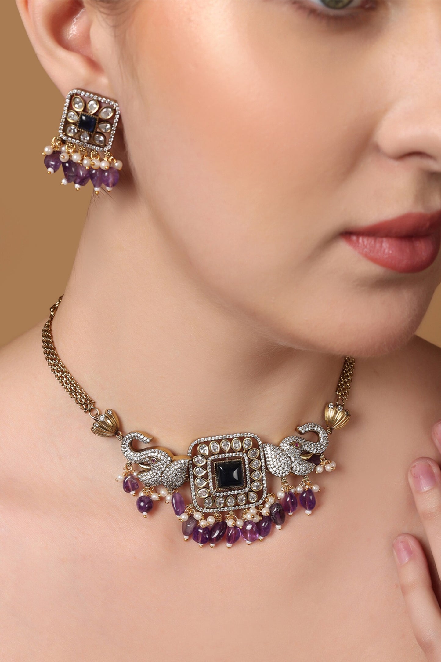 Jamuni Elephant Crest Design Choker Necklace Set 