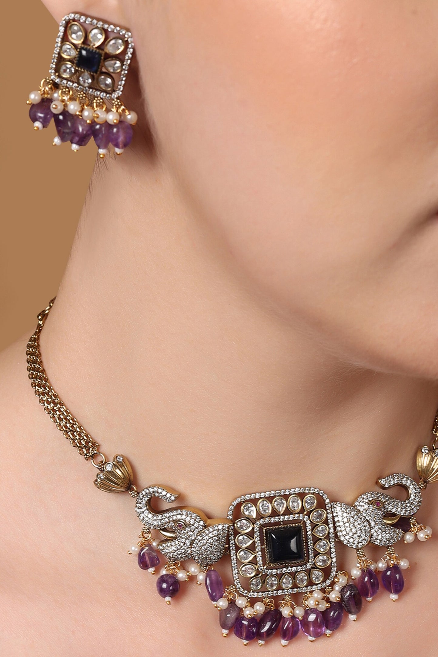 Jamuni Elephant Crest Design Choker Necklace Set 