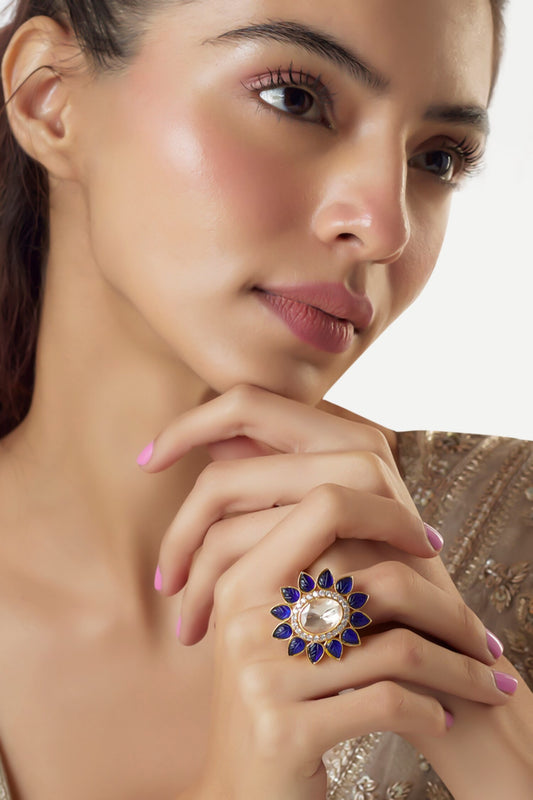 Gold Moissanite Polki Embellished Ring 