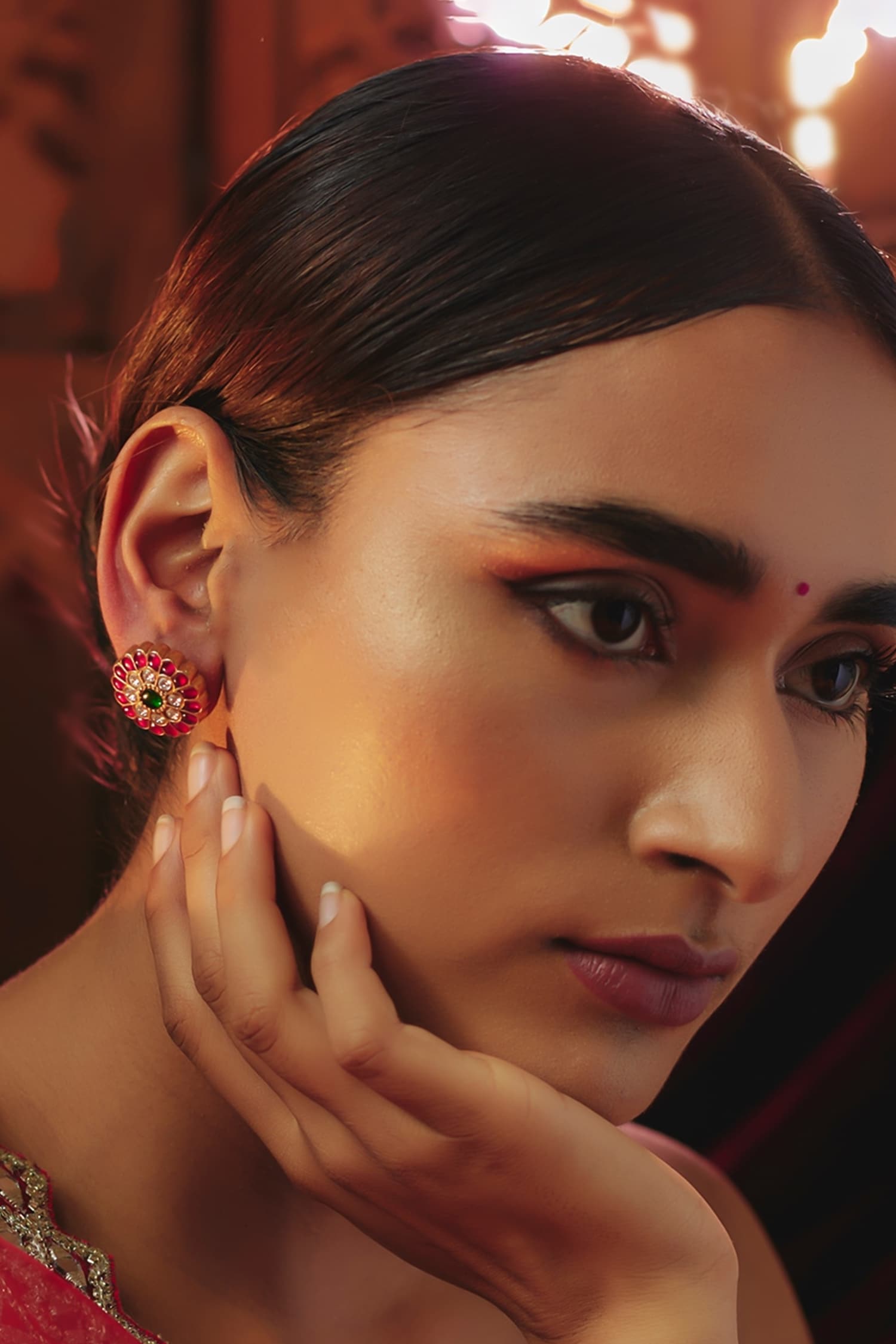 Red Semi Precious Stone Stud Earrings 