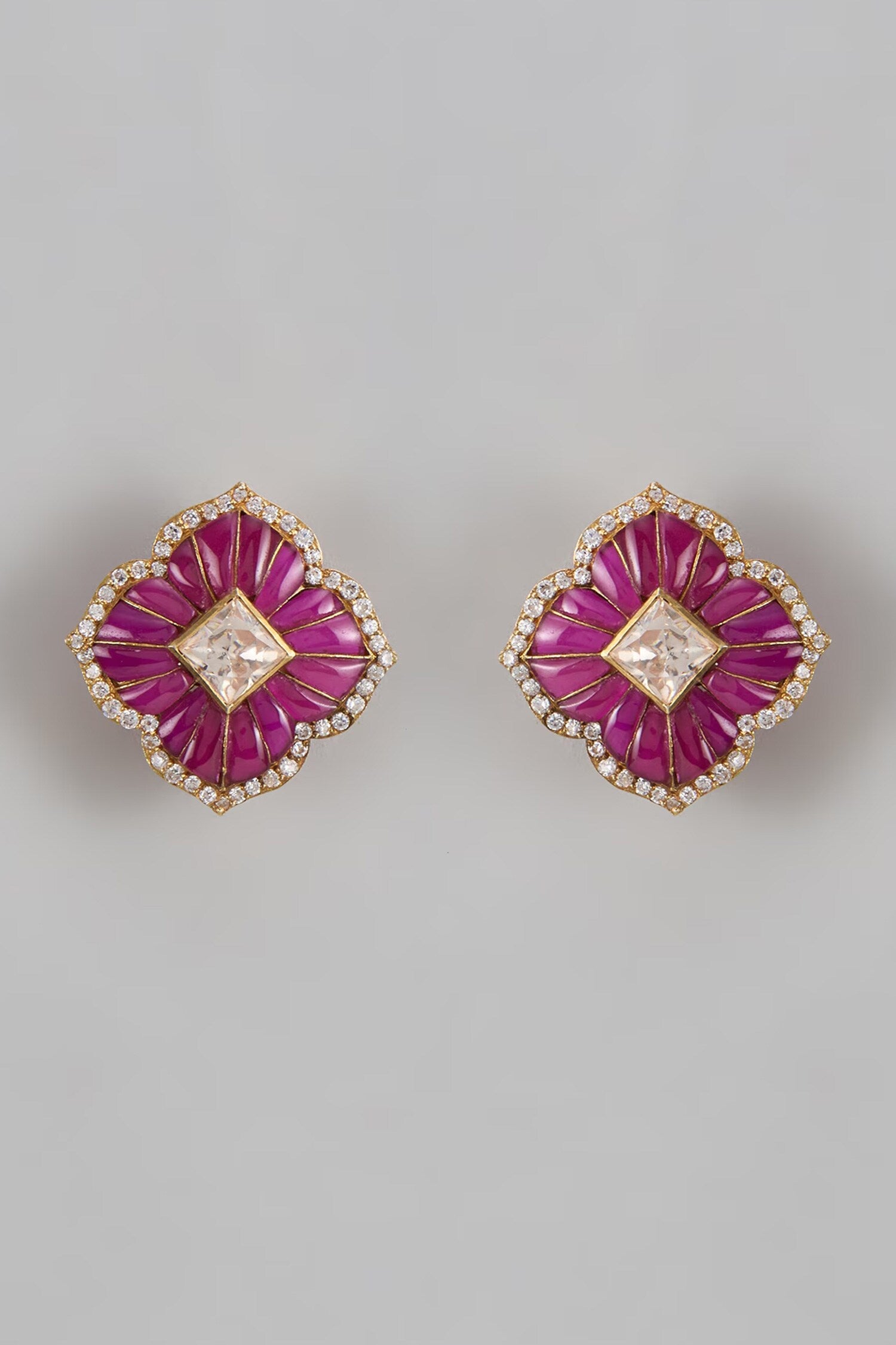 Red Moissanite Floral Stud Earrings 