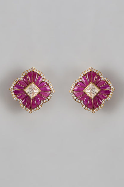 Red Moissanite Floral Stud Earrings 