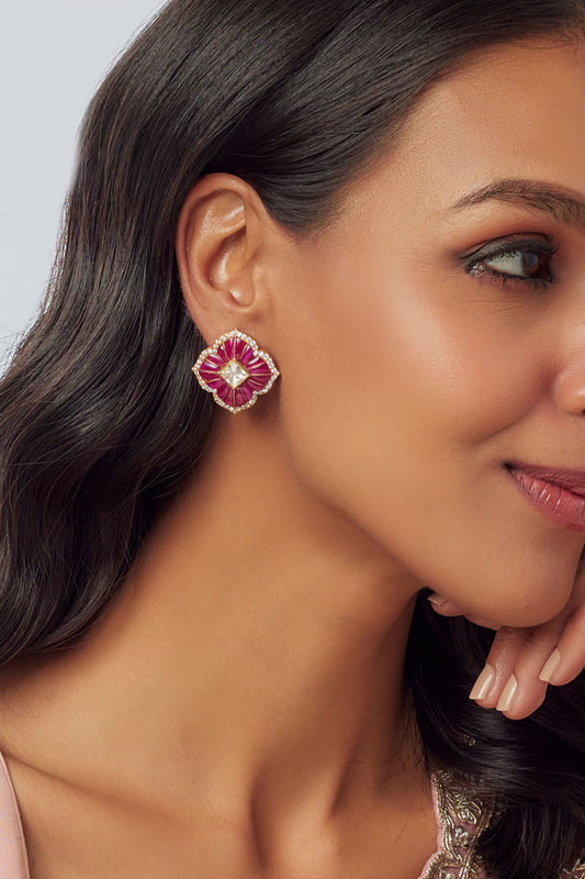 Red Moissanite Floral Stud Earrings 