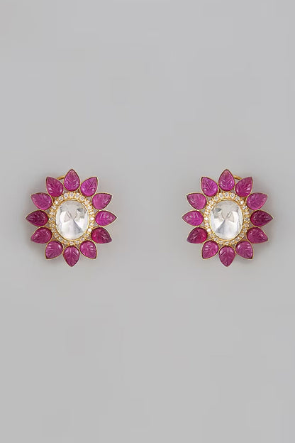 Red Moissanite Floral Stud Earrings 