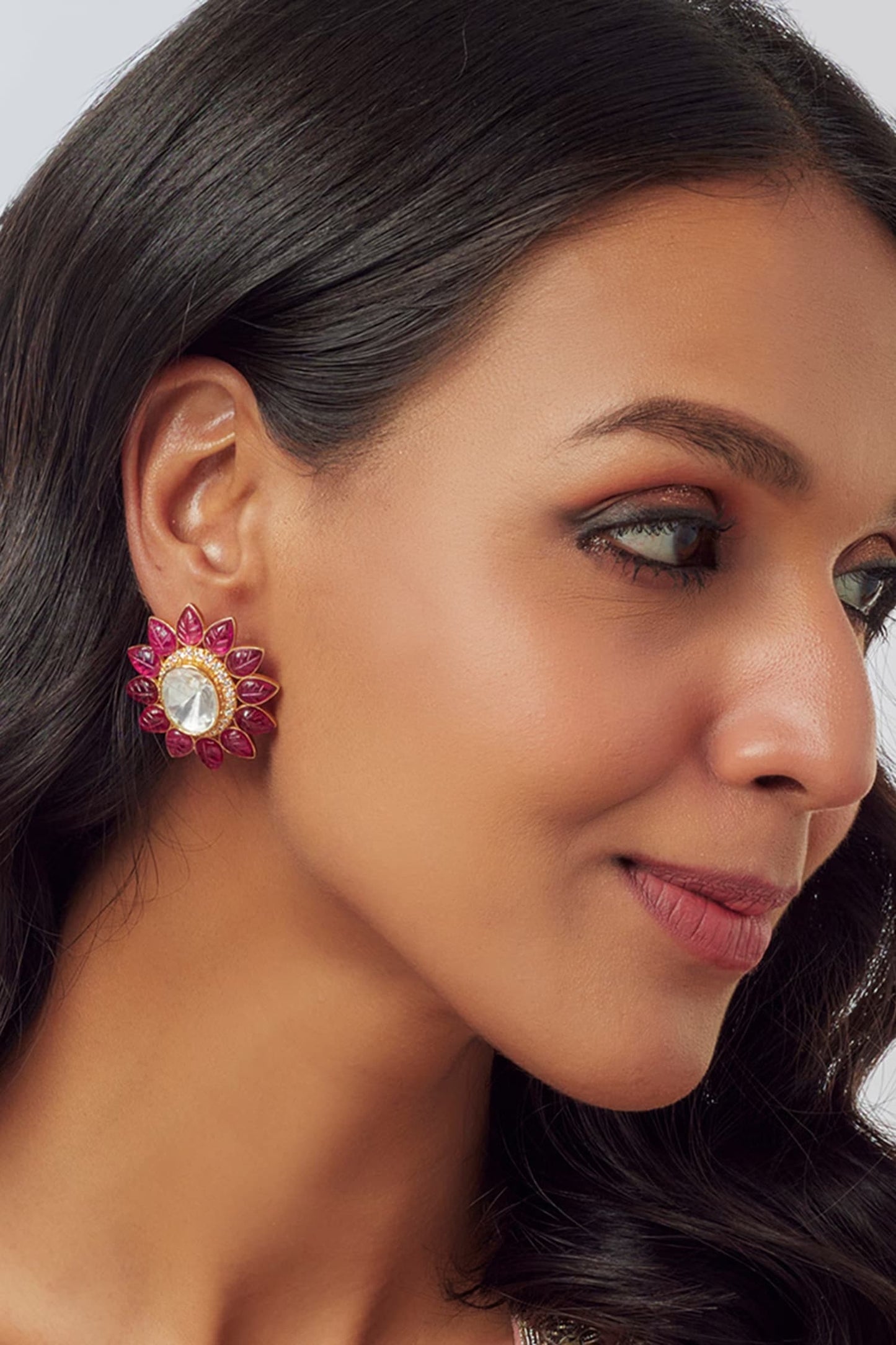 Red Moissanite Floral Stud Earrings 