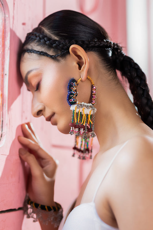 Floral Motif Tassel Embellished Earrings 
