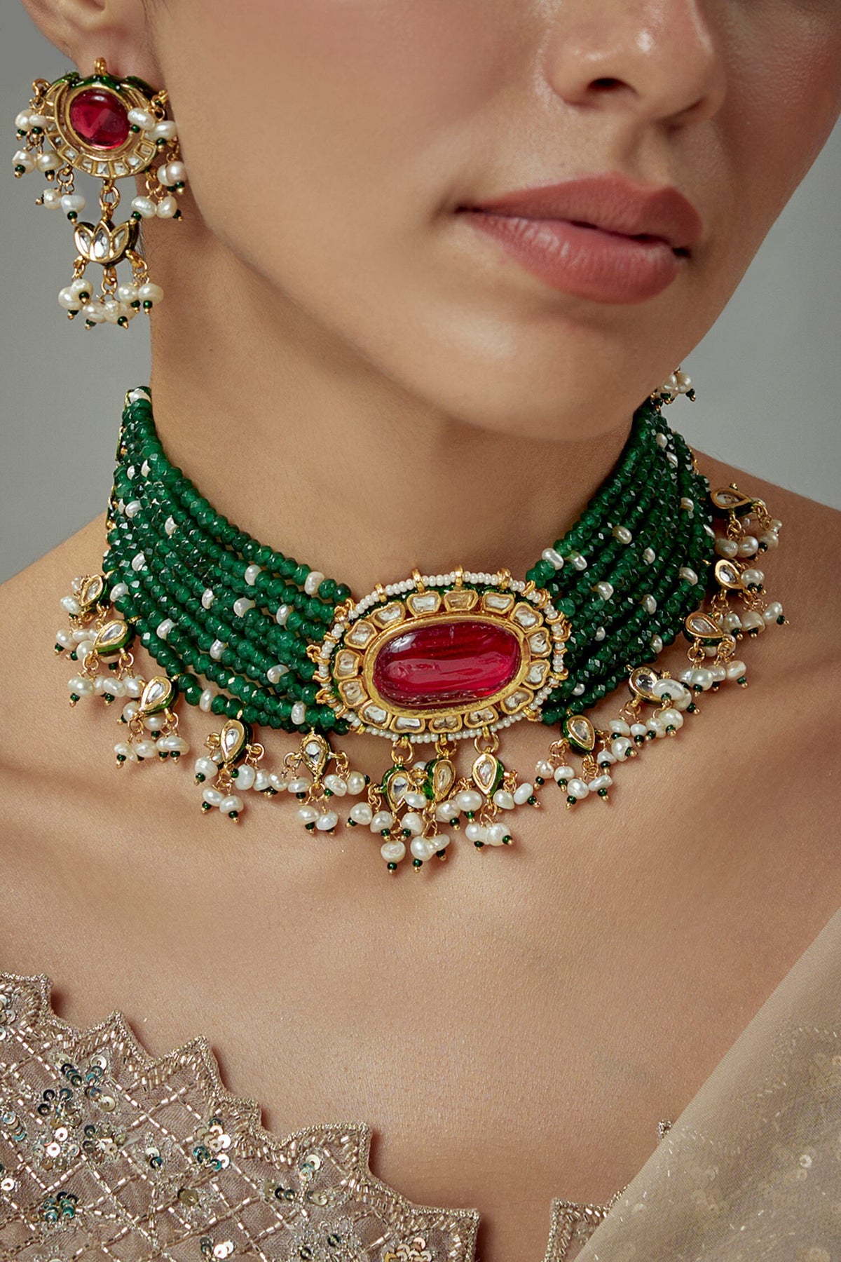 Saadgi Kundan Embellished Multistrand Necklace Set 