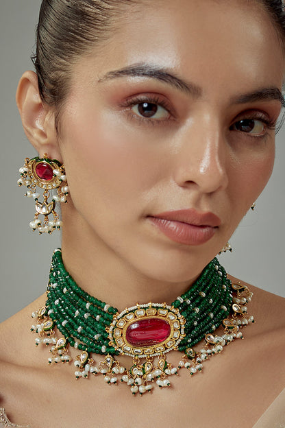 Saadgi Kundan Embellished Multistrand Necklace Set 
