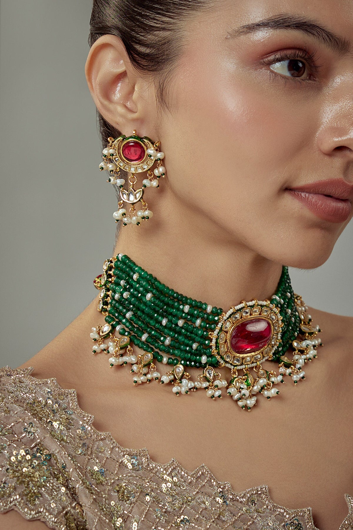 Saadgi Kundan Embellished Multistrand Necklace Set 