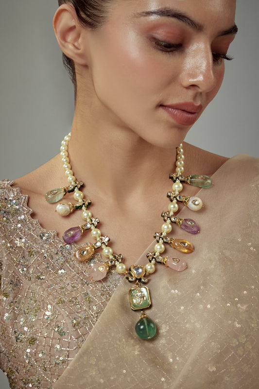 Multi Color Gemstone Pearl Necklace 