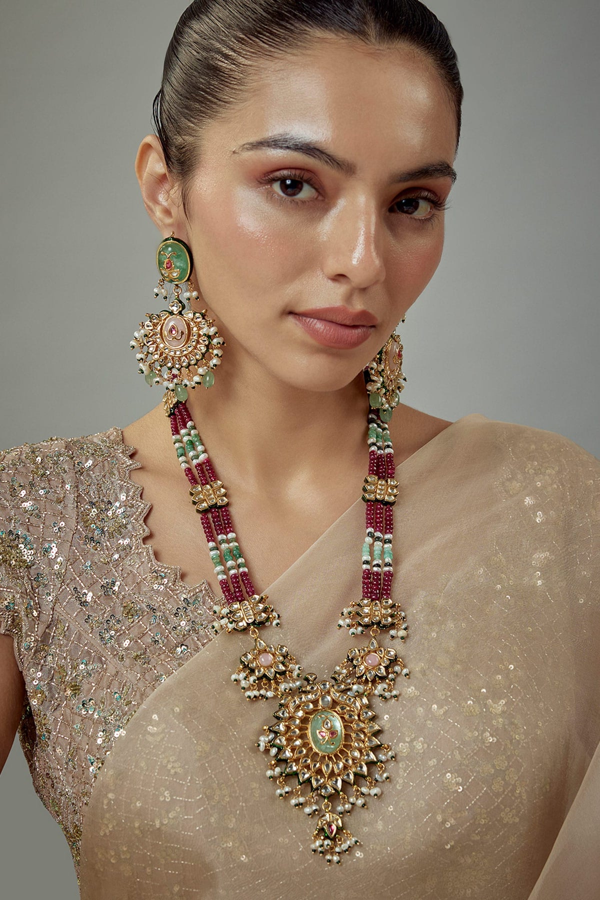 Kundan & Bead Embellished Long Necklace Set 