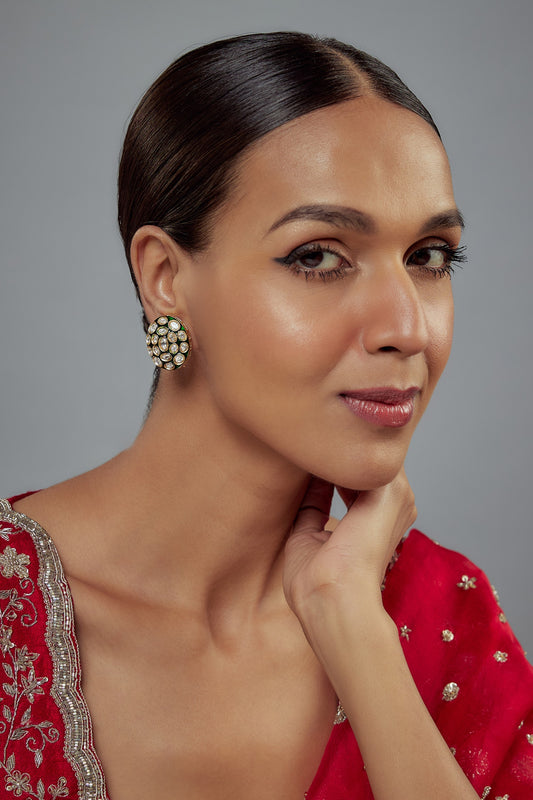 Gold & Green Kundan Polki Stud Earrings 