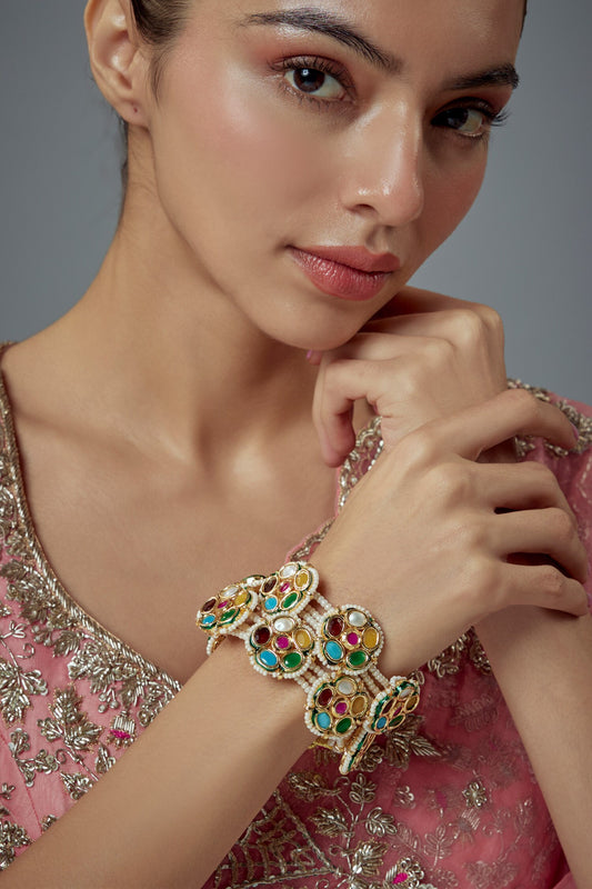 Saadgi Gemstone & Pearl Embellished Bangles Set Of 2 