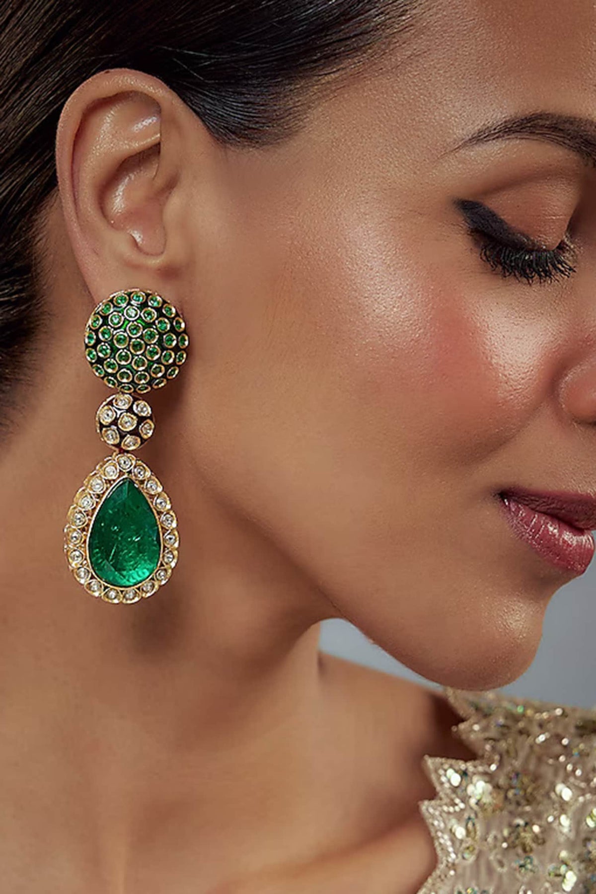 Burgandi Kundan Embellished Earrings 