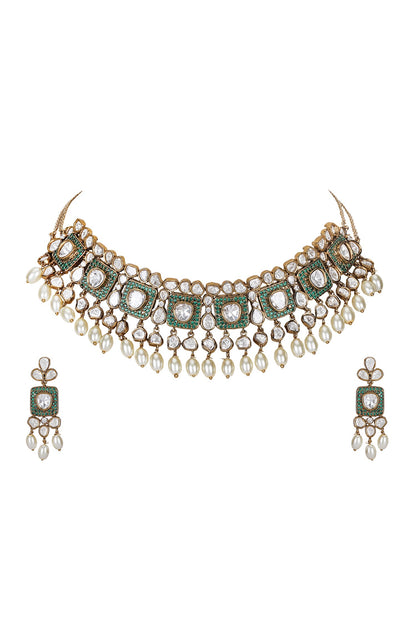 Emerald Polki Stone Choker & Earring Set 