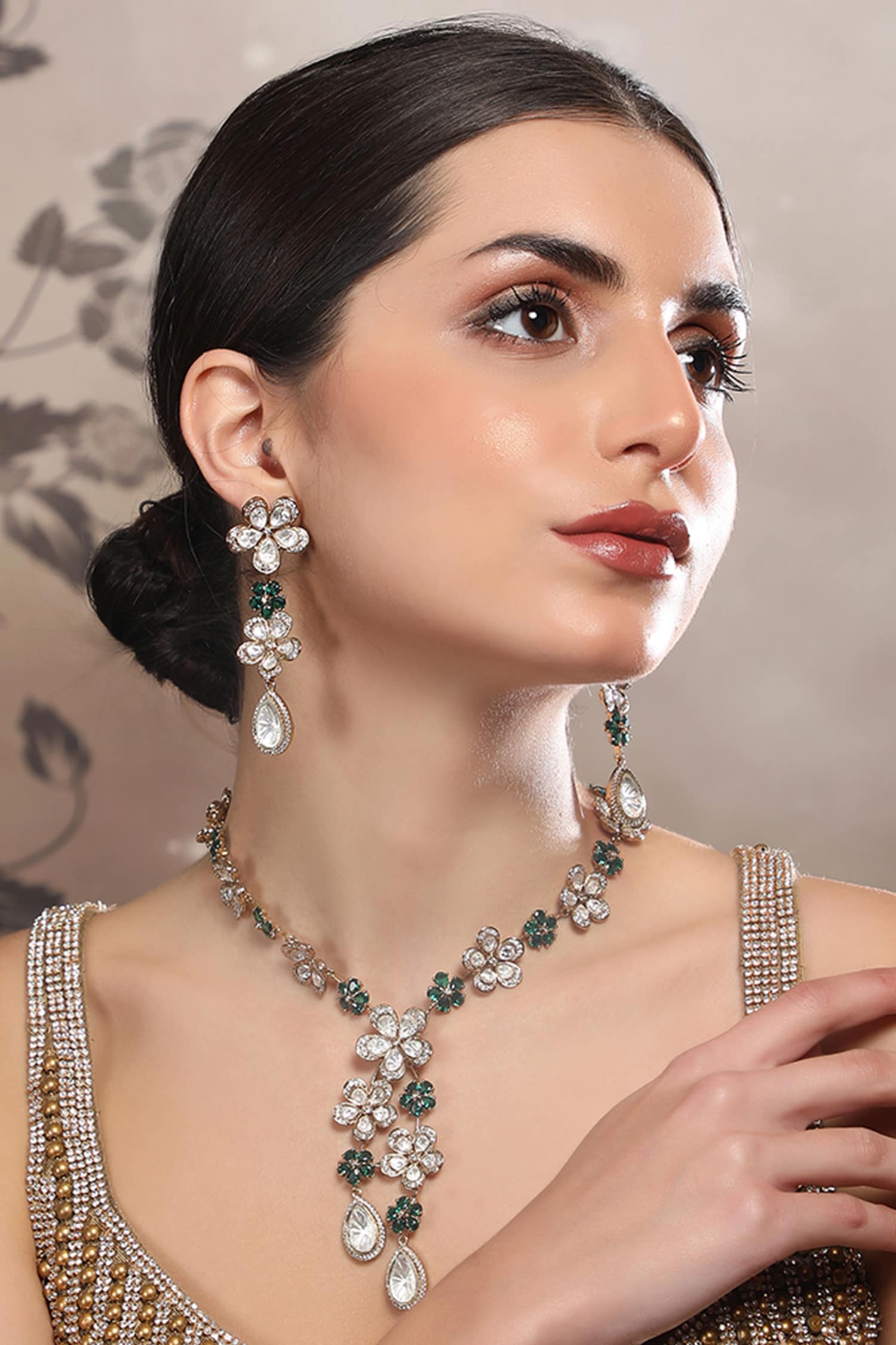 Floral Crystal Pendant Necklace Set 