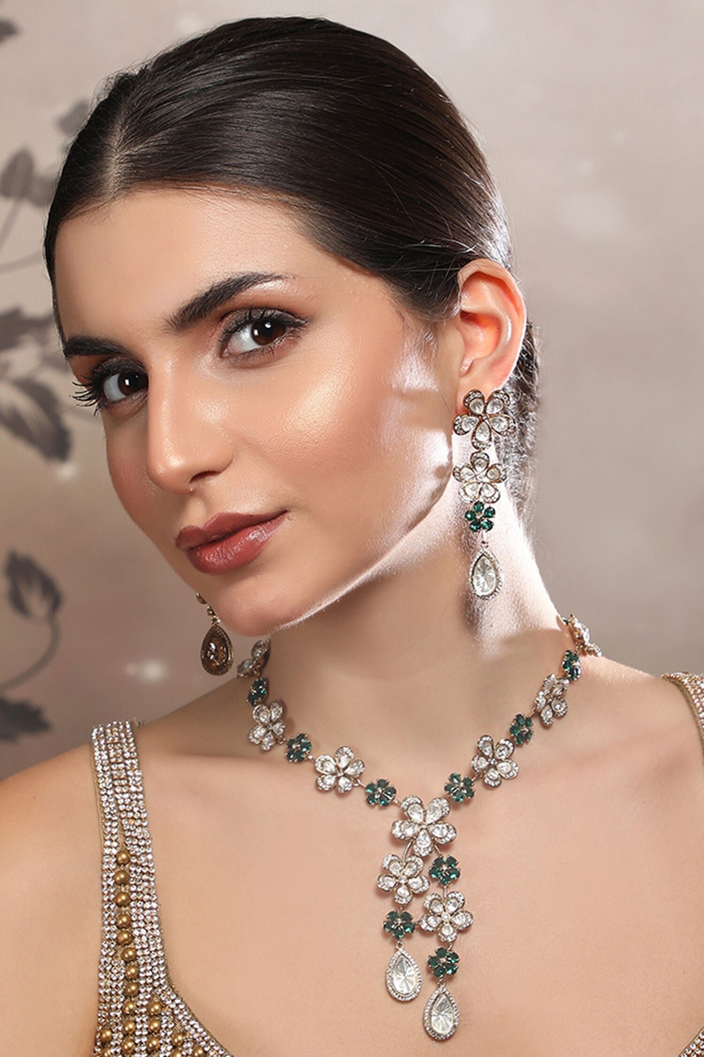 Floral Crystal Pendant Necklace Set 