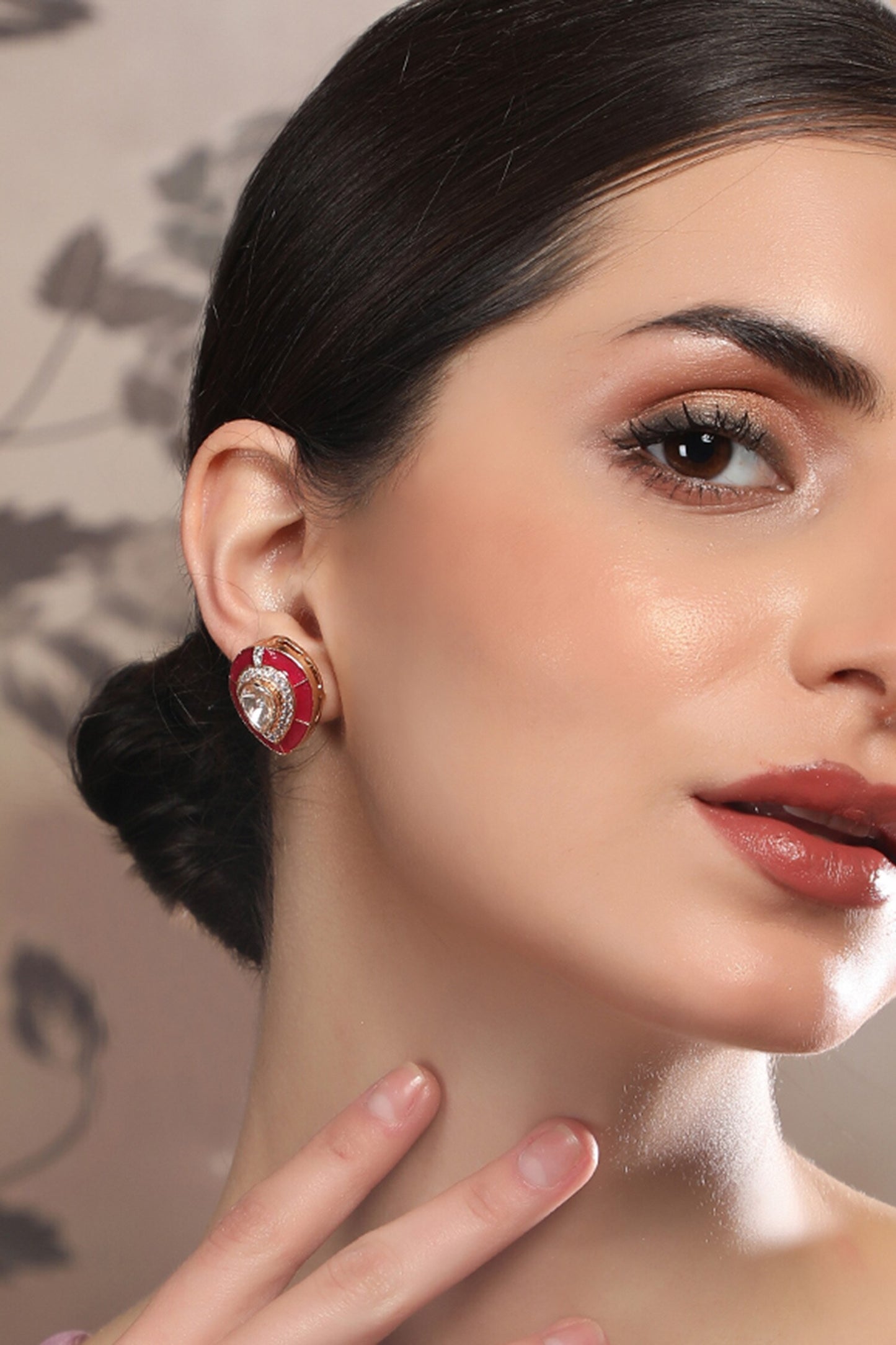 Gold Finish Kundan Ruby Stud Earrings 