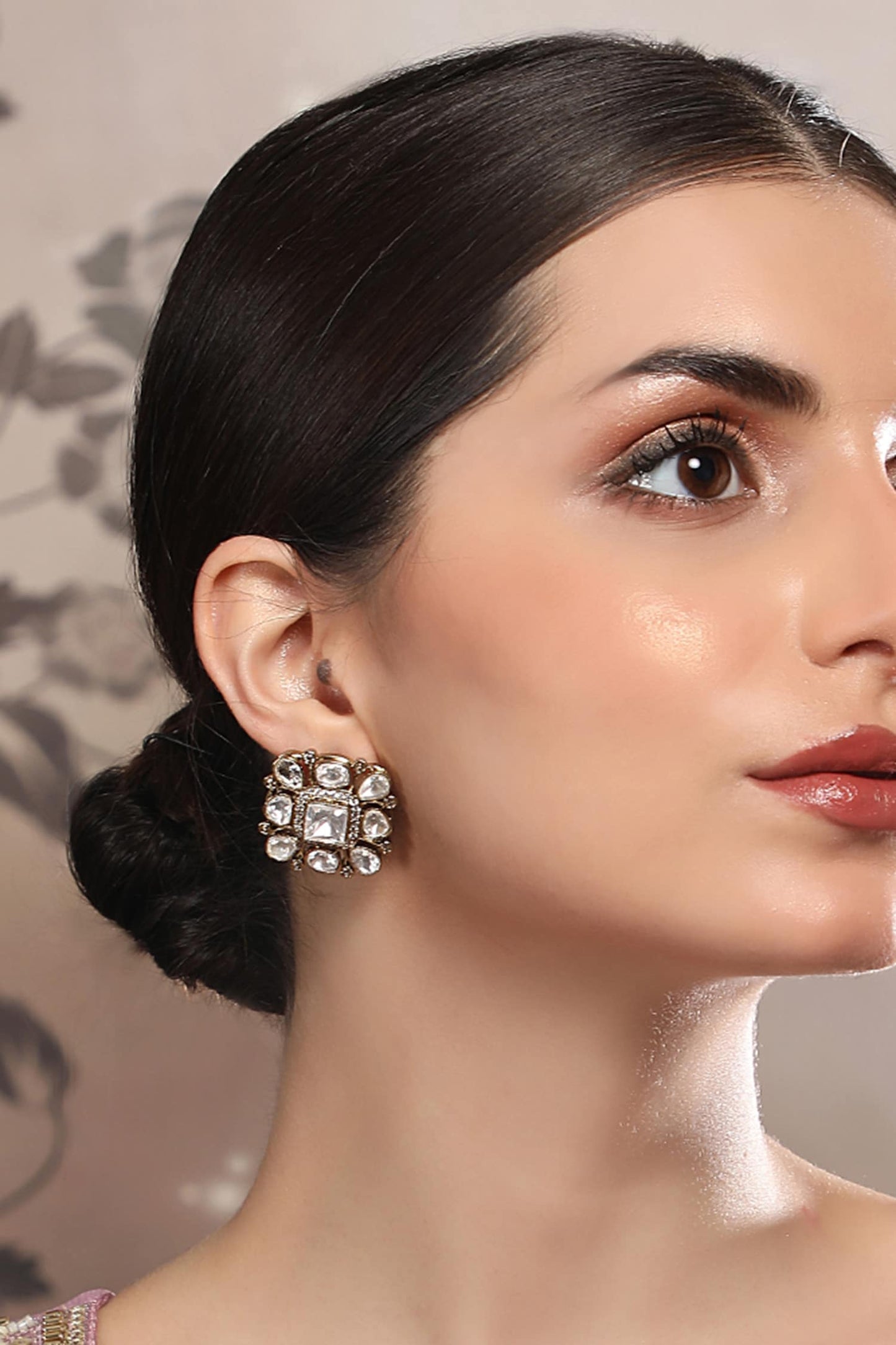 Square Kundan Stone Stud Earrings 