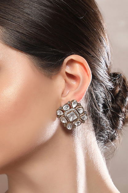 Square Kundan Stone Stud Earrings 