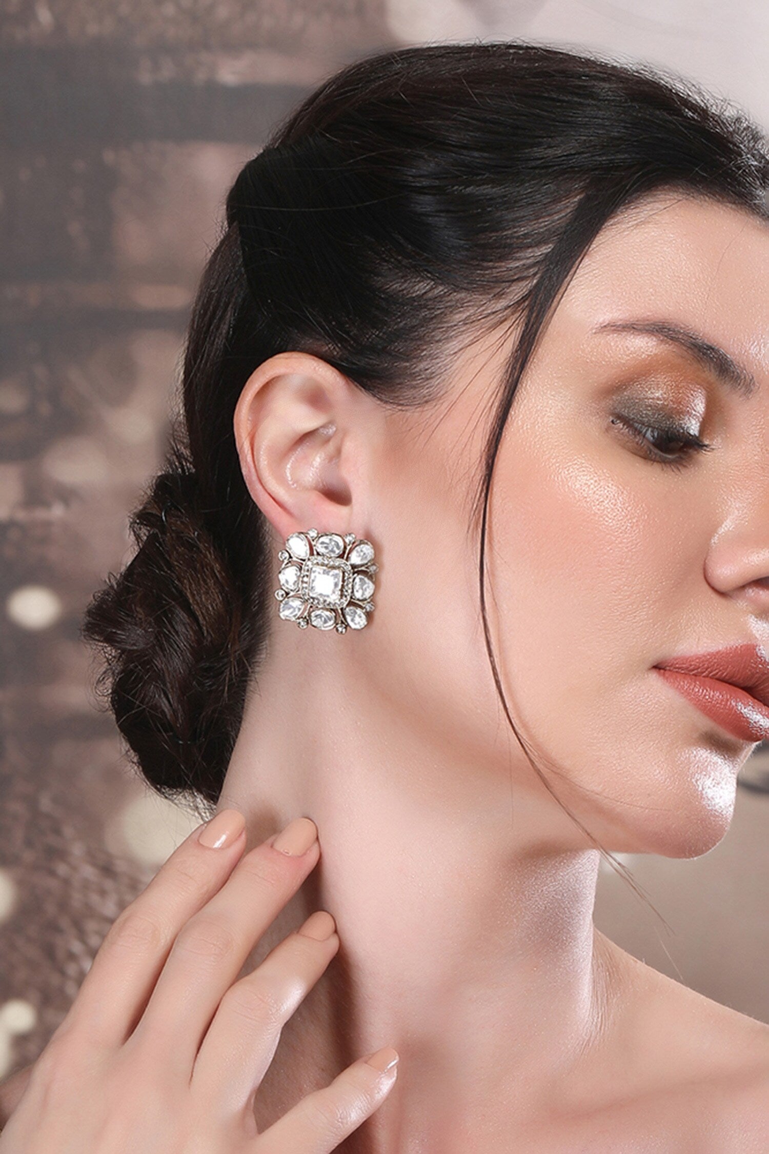 Square Kundan Stone Stud Earrings 