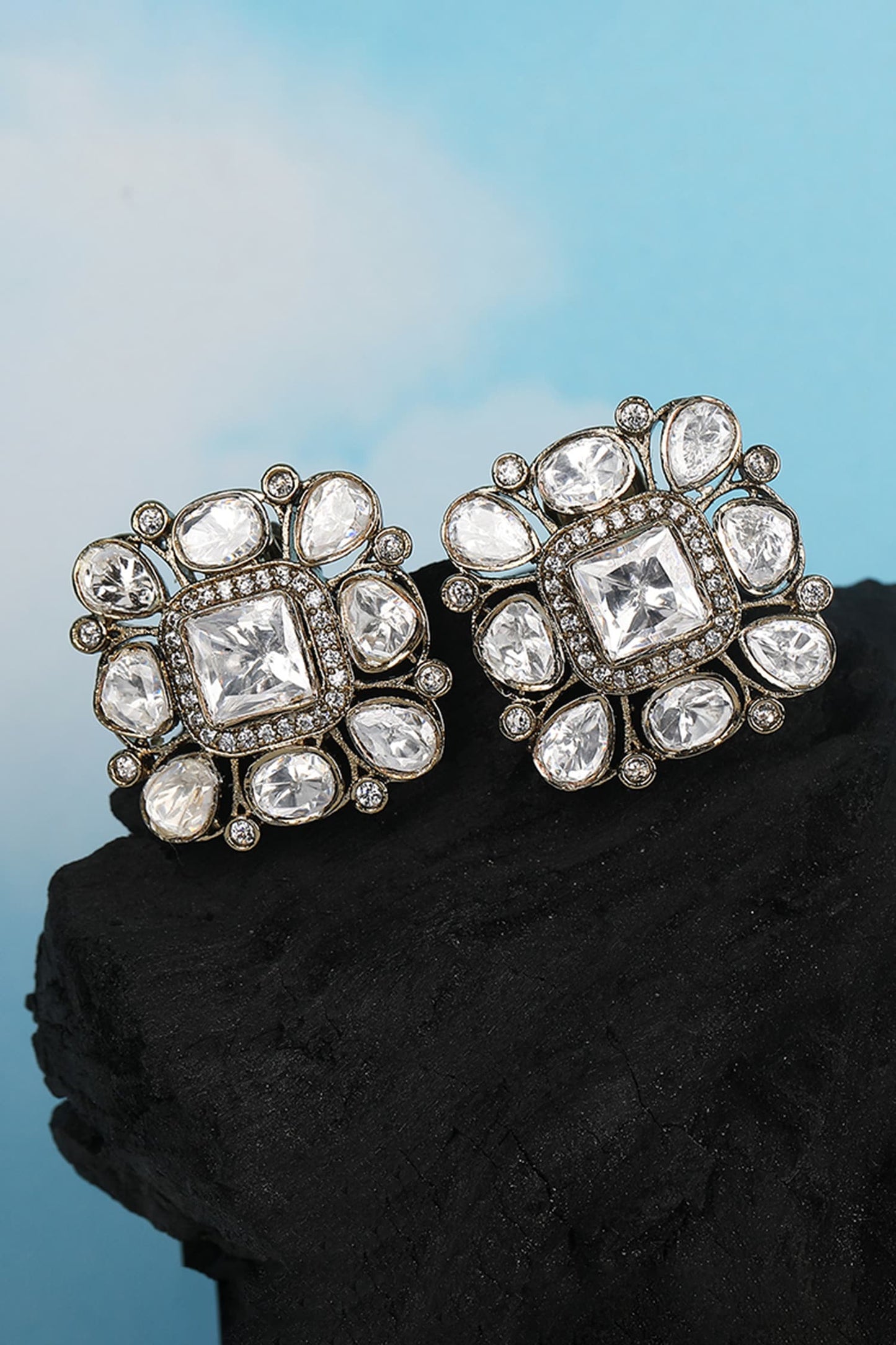 Square Kundan Stone Stud Earrings 